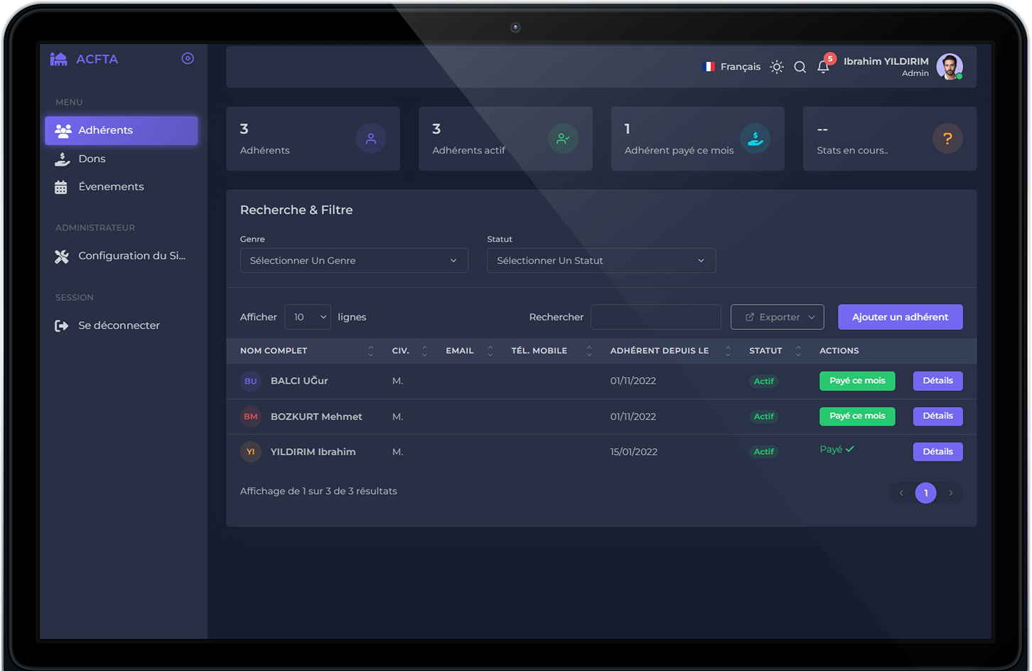 L'espace de gestion Dernek360 : tableau de bord d'une association